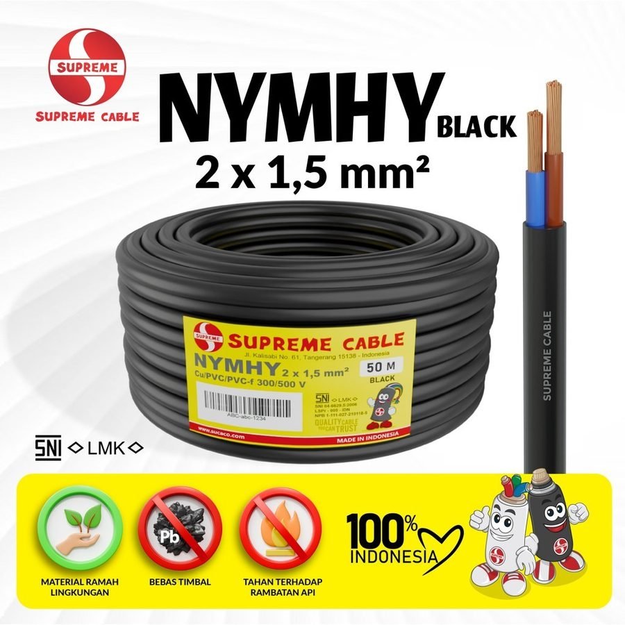 SUPREME CABLE - Kabel Listrik Serabut Tembaga Murni Fleksibel - NYMHY BLACK/NYYHY 2 x 1.5 mm PER METER