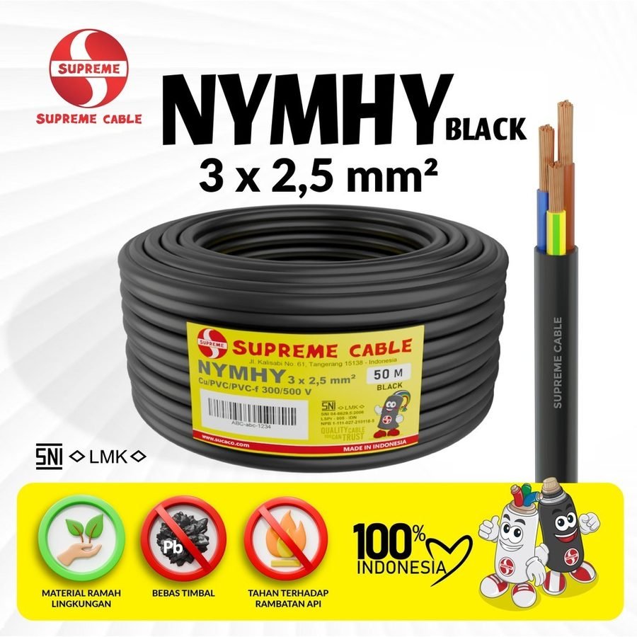 SUPREME CABLE - Kabel Listrik Serabut Tembaga Murni Fleksibel - NYMHY BLACK/NYYHY 3 x 2.5 mm PER METER